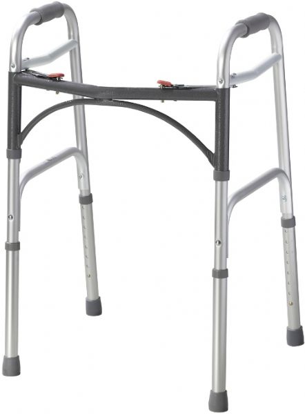 Drive Medical 10200-1 Deluxe Two Button Folding Walker; Each side operates independently to allow easy movement through narrow spaces and greater stability while standing; Easy push-button mechanisms may be operated by fingers, palms or side of hand; Sturdy 1