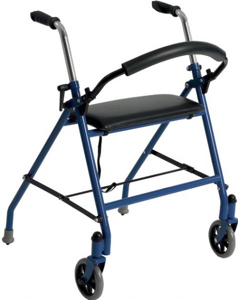 Drive Medical 1239BL Two Wheeled Walker With Seat, Blue; Features comfortable and convenient padded seat and backrest; Quickly folds when not in use; Rear leg tips act as brakes when pressed down; Height adjustable handles; Large swivel wheels added for maneuverability; Countoured handles for a comfortable grip; Dimensions 29