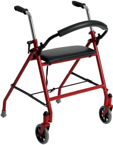 Drive Medical 1239RD Two Wheeled Walker With Seat, Red; Features comfortable and convenient padded seat and backrest; Quickly folds when not in use; Rear leg tips act as brakes when pressed down; Height adjustable handles; Large swivel wheels added for maneuverability; Countoured handles for a comfortable grip; Dimensions 29