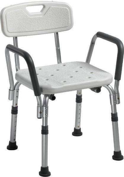 Drive Medical 12445KD-1 Knock Down Bath Bench With Back And Padded Arms; Removable padded armrests provide comfort and added security; Blow-molded bench and back provide comfort and strength; Drainage holes in bench reduce slipping; Aluminum frame is lightweight, durable and corrosion proof; Leg height adjusts in 1