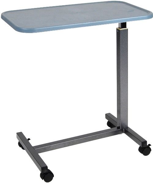 Drive Medical 13069 Plastic Top Overbed Table; Plastic top is durable, easy to clean, and has a raised edge to contain spills; Table surface won't crack or peel and includes two areas for placing drinks; Table top can be raised or lowered in settings between 29