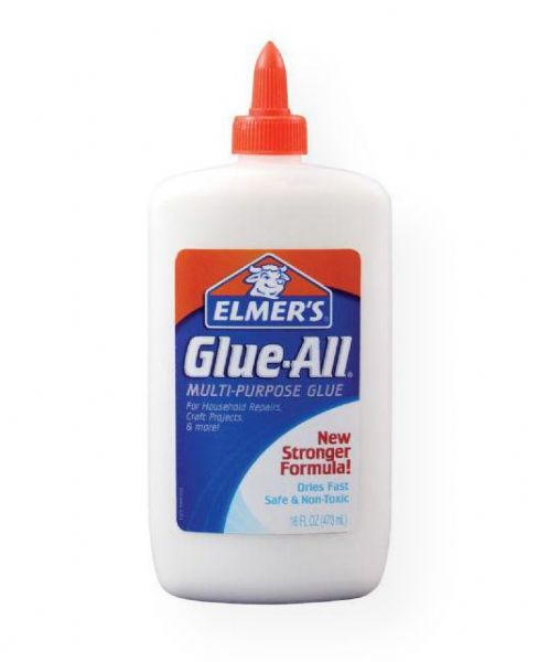 Elmer's E1321 Glue-All Multi-Purpose Liquid Glue 16oz; Glue-All is THE multi-purpose glue for all uses around the house including repairs, crafts, and school projects; Use for most porous materials such as paper, cloth, and leather, and semi-porous materials such as wood and pottery; Fast-drying, dries clear; Safe, non-toxic; Repositionable before setting; Shipping Weight 1.2 lb; Shipping Dimensions 3.5 x 1.75 x 8.13 in; UPC 026000013215 (ELMERSE1321 ELMERS-E1321 GLUE-ALL-E1321 OFFICE)