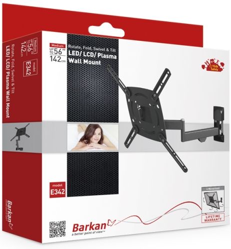 Barkan E342.B Flat Wall Mount, Metallic Black; 4 movement wall mount (Fold, rotate, swivel & tilt), suitable for flat screens up to 55 lbs/ 25 kg; Mount has 3 hinge pivots: near by the wall 180, foldable 360, screen connection plate swivel 180 & also tools free tilting from 0 till 15, allows swinging in and out of niches and various viewing positions (E342B E342-B E342)
