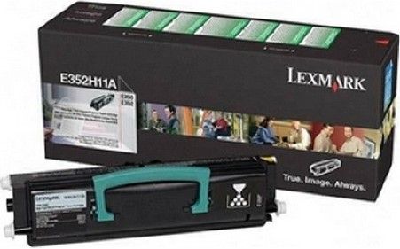 Lexmark E352H11A High Yield Black Return Program Toner Cartridge For use with Lexmark E352dn and E350d Printers; 9000 standard pages Declared yield value in accordance with ISO/IEC 19752, New Genuine Original Lexmark OEM Brand, UPC 734646258098 (E352-H11A E352 H11A E352H-11A E352H 11A)