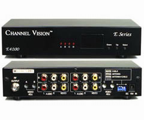 Channel Vision E4200; 4-Input Analog Modulator, LED channel display, UHF 1478; Wide channel range cable, push button channel selector; Non-volatile memory, Video input level adjustment (E4200 E-4200 channelvisionE4200 E420 channel-E4200 channelE-4200)