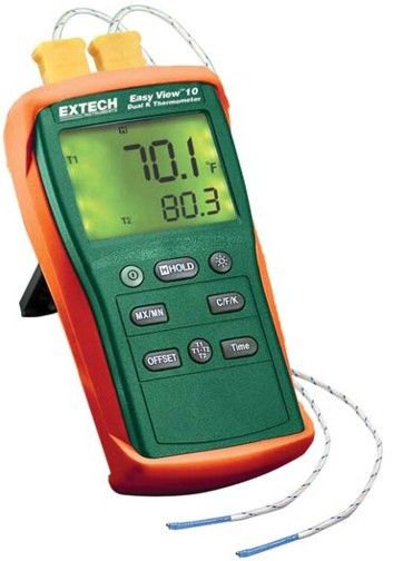 Extech EA10-NIST EasyView Dual K Thermometer with NIST Certificate; Temperature range: -200 to 1999 degrees fahrenheit with 0.1 degrees/1 degrees resolution; Basic Type K Dual input; Compact and rugged design features large backlit display; Displays [T1 plus T2] or [T1-T2 plus T1] or [T1-T2 plus T2]; Selectable units of degrees fahrenheit, degrees celcius, K (Kelvin); UPC: 793950411216 (EXTECHEA10NIST EXTECH EA10-NIST THERMOMETER)