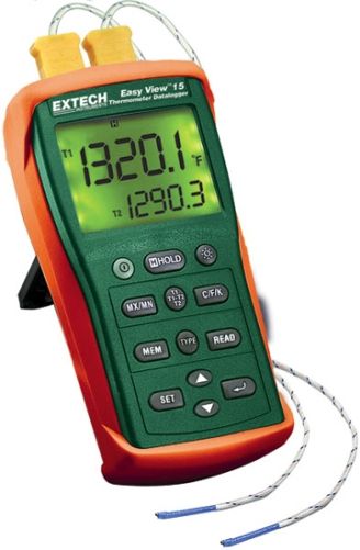 Extech EA15 EasyView Temperature Datalogger; Dual input accepts Types J, K, E, T, R, S, and N thermocouples; Compact and rugged design features large backlit display; Displays [T1 plus T2] or [T1-T2 plus T1] or [T1-T2 plus T2]; Selectable units of Degrees Fahrenheit, Degrees Celsius, K (Kelvin); Wide temperature range with 0.1 degrees /1 degrees resolution; UPC 793950411155 (EXTECHEA15 EXTECH EA15 TEMPERATURE DATALOGGER)