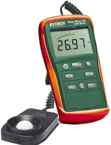Extech EA30-NIST EasyView Light Meter with NIST Certificate; Large display with bar-graph; Peak hold captures short light pulses to 100Sec; Relative function for zero or difference from reference value; Compact and rugged design features large display; Multiple wide measuring ranges: 40,000Fc in 4 ranges and 400,000Lux in 5 Ranges; Data hold freezes reading on display; MIN/MAX readings; UPC: 793950412312 (EXTECHEA30NIST EXTECH EA30-NIST LIGHT METER)