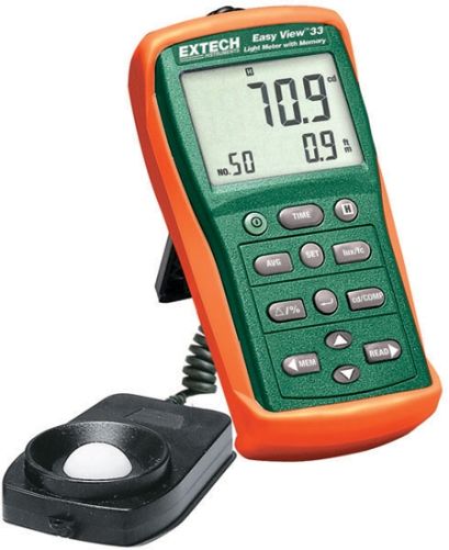 Extech EA33 EasyView Light Meter with Memory; Wide measurement range to 99,990Fc (999,900Lux) with resolution of 0.001Fc and 0.01Lux; Luminous intensity (candela) calculations; Store and recall up to 50 measurements, includes relative or real time clock stamp; Ripple function excludes the effect of stray light from the primary light source measurement; Auto Power off with disable feature; UPC 793950411339 (EXTECHEA33 EXTECH EA33 LIGHT METER)