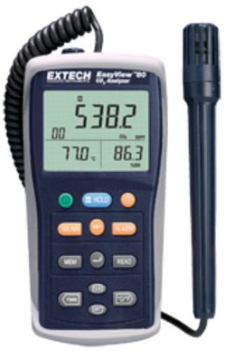 Extech EA80 Indoor Air Quality Meter/Datalogger; Checks for Carbon Dioxide (CO2) concentrations; Maintenance free dual wavelength NDIR (non-dispersive infrared) CO2 sensor; Continuous (20,000 sets) or manual (99 sets) datalogging; Data hold, Max/Min with Time stamp, and Alarm; Auto Power Off; Easy calibration in fresh air; UPC 793950411803 (EXTECHEA80 EXTECH EA80 METER DATALOGGER)