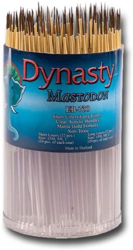 Dynasty EB730D EB-700 Mastodon Caniste, Short Liner And Long Liner Brush Assortment; Brushes are characterized by durability and immense strength; 144 pieces, 24 each short liner 15/0, 5/0, 1, 24 each long liner 15/0, 5/0, 1; Each canister comes with wood paint stirrers and reusable brush storage container; UPC 018376071807 (DYNASTYEB730D DYNASTY EB730D EB730 D EB 730D DYNASTY-EB730D EB730-D EB-730D)