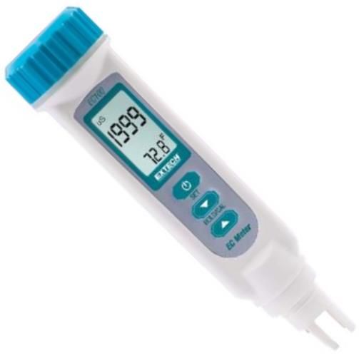 Extech EC100 Conductivity/Temperature Meter; Units of measure include S/cm, mS/cm, ppm, ppt; Large 3-1/2 digit (2000 count) LCD display; Data Hold and low battery indication; Auto Power off with disable; Adjustable Automatic Temperature Compensation; Simultaneous display of Conductivity plus Temperature; UPC 793950061008 (EC-100 EC 100)