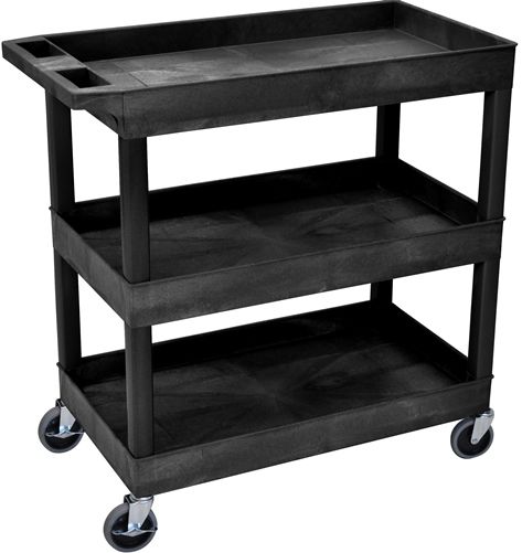 Luxor EC111-B Tub Cart 3 Shelves, Black; Made of high density polyethylene structural foam molded plastic shelves and legs that won't stain, scratch, dent or rust; 18