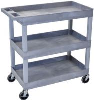 Luxor EC111-G Tub Cart 3 Shelves, Gray; Made of high density polyethylene structural foam molded plastic shelves and legs that won't stain, scratch, dent or rust; 18"D x 35 1/4"W x 36 1/4"H (width includes handle); 2 1/2" deep tub shelves are 10 1/2" apart; 33% more capacity than our 18 x 24 tub cart; Ergonomic push handle molded into top shelf; UPC 847210031475 (EC111G EC111 EC-111-G EC 111-G) 