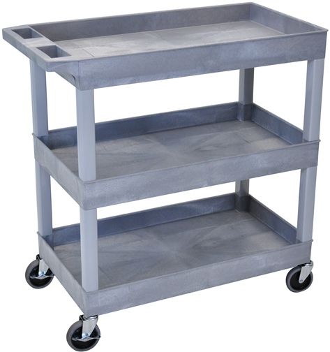 Luxor EC111-G Tub Cart 3 Shelves, Gray; Made of high density polyethylene structural foam molded plastic shelves and legs that won't stain, scratch, dent or rust; 18