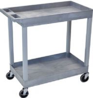 Luxor EC11-G Tub Cart 2 Shelves, Gray; Made of high density polyethylene structural foam molded plastic shelves and legs that won't stain, scratch, dent or rust; 18"D x 35 1/4"W x 34 1/4"H (width includes handle); 2 1/2" deep tub shelves are 22 1/2" apart; 33% more capacity than our 18 x 24 tub cart; Ergonomic push handle molded into top shelf; UPC 847210031451 (EC11G EC11 EC-11-G EC 11-G) 
