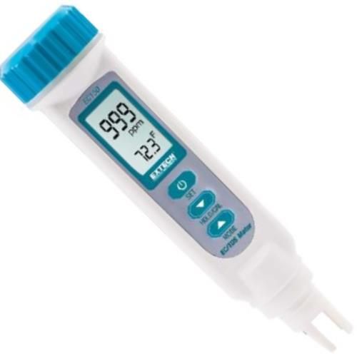 Extech EC150 Conductivity/TDS/Temperature Meter; Units of measure include S/cm, mS/cm, ppm, ppt; Adjustable Conductivity to TDS ratio factor from 0.4 to 1.0  conveniently calculates the TDS value; Large 3-1/2 digit (2000 count) LCD display; Data Hold and low battery indication; Auto Power off with disable; Adjustable Automatic Temperature Compensation; UPC 793950061503 (EC-150 EC 150)