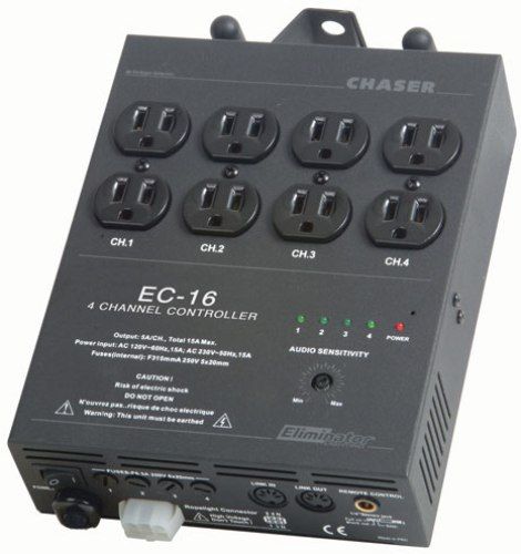 Eliminator Lighting EC-16 Four Channel Controller, 4 Channel Output / 600W per CH., Audio run of 16 Preset Programs, Full On And Blackout With Cable Remote Controller (Output), Audio Sensitivity Adjustable, 4-way Ropelight Connector, Link-up Function, Hanging Bracket Included (EC16 EC 16)