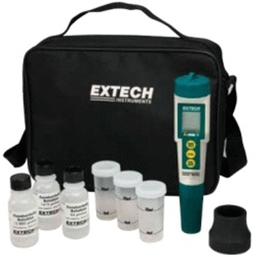 Extech EC410 ExStik Conductivity/TDS/Salinity Kit, Autoranging meter offers 3 ranges with 8 units of measure including S/cm, mS/cm, ppm, ppt, mg/L, g/L, F, andC, Simultaneous display of Conductivity or TDS plus Temperature and bargraph, Memory stores up to 15 labeled readings, UPC 793950054109 (EC-410 EC 410)