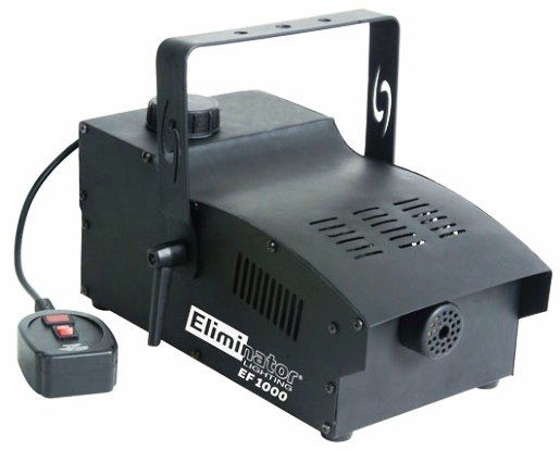 Eliminator Lighting EF-1000 Fog Machine 1000-Watts Heater, Fuse 10 Amp, Supply Voltage 120V, Fluid Type Eliminator Brand Water Based Fog Juice, Output 4,500 cubic ft. per minute, Duty Cycle Not to exceed 6 hours, Size 13.25L x 7W x 7H, Weight 8.5 Lbs./3.8 Kgs. (EF1000 EF 1000 EF-100 EF100)