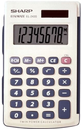 Sharp EL-243SB Twin-Powered Basic Hand-Held Calculator with Extra-Large Display and Attached Hard Cover, Extra large 8-digit (13.0 mm) LCD Display with Punctuation, Twin Power - Automatically switches from solar to battery power in low light, 3-key Memory - Includes memory plus, memory minus and recall/clear memory keys (EL243SB EL 243SB EL-243S EL-243)