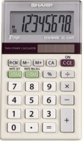 Sharp EL-244TB Twin-Powered Basic Hand-Held Calculator with Extra-Large Display, Professional Series - Lead & Mercury Free, Large 8-digit (13.0 mm) LCD display with punctuation, + Tax/-Tax keys, Twin power, Percent keys, Battery/Solar Power, Auto Power Off, Plastic Case (EL244TB EL 244TB EL244-TB EL-244 TB)