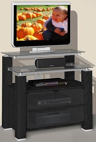 Elite Industries EL9973 Wide Black Hi-Boy TV Stand Audio/Video Combination Unit, For use with 37'' Tvs, 220lbs Top Shelf Capacity, 110lbs Glass Shelf Capacity, Black Ash Finish, Smoke Safety Tempered Glass Top Panel Surface, Dedicated open glass shelf under top panel for A/V Components, Two fixed shelves (EL-9973 EL 9973)
