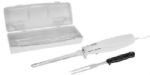 Kalorik EM 41258 W White Quick Slice Electric Knife Carving Set; Electrical knife features a stainless steel blade; Stainless steel fork and plastic storage case included; Locking blade; Blade guard; Blade release switch; Dishwasher safe blade and fork; Dimensions: 11.625 x 5.25 x 2.75; UPC 848052002821 (EM41258W EM 41258 W) 