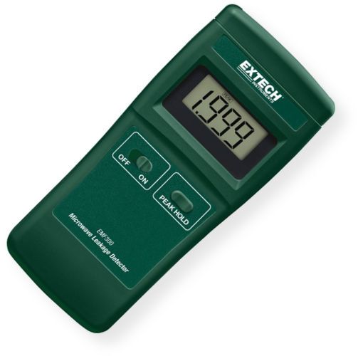 Extech EMF300 Microwave Leakage Detector; Ideal for measuring high frequency radiation levels emitted from household and commercial microwave ovens; 0 to 1.999 mW per square cm measurement range; Audible alarm and overrange indicator; Peak Hold; UPC 793950223000 (EMF300 EMF-300 DETECTOR-EMF300 EXTECHEMF300 EXTECH-EMF300 EXTECH-EMF-300)