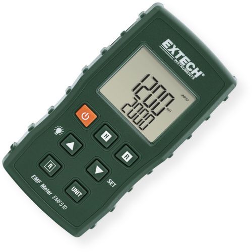 Extech EMF510 EMF ELF Meter; Measure EMF ELF levels in milliGauss mG or microTesla mT up to 2000mG, 200mT, with two ranges to choose from; Built in single axis sensor provides basic accuracy reading of more or less 5 percent; 30 to 300 Hz bandwidth; Backlit display to view in dimly lit areas; Data Hold and Min Max functions; UPC 793950225103 (EMF510 EMF-510 ELF-EMF510 EXTECHEMF510 EXTECH-EMF510 EXTECH-EMF-510)