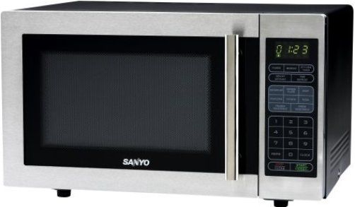 Sanyo EM-S6588S Mid-Size Microwave Oven, Stainless Steel Front on Black Cabinet, 1000 Watt Maximum Power Output, 1.0 Cu.Ft. Capacity, 12-3/8' Glass Turntable, 8 Direct Access Keys for Quick Programming of Popular Foods, 10 Microwave Power Levels, Defrosts by Weight or Time, 2-Color Digital Display, Child Lock Out, Dimensions (WxHxD) 20-3/16