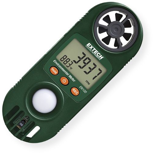 Extech EN100 Environmental 11 in 1 Meter; Built-in sensors measure Air Velocity, Air Flow, Temperature, Humidity, Wet Bulb, Dew Point, Heat Index, Wind Chill, Barometric Pressure, Altitude, and Light; Field replaceable low friction vane wheel improves air velocity accuracy; Backlit LCD display (auto off after 5 seconds); Data Hold, Auto Power Off, Auto-rotating display depending on function; UPC:793950441114 (EXTECHEN100 EXTECH EN100 ENVIRONMENTAL KIT)
