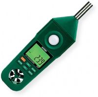 Extech EN300 Hygro-Thermo-Anemometer-Light-Sound Meter; Large dual LCD simultaneous display of Temperature and Air Velocity or Relative Humidity; Built-in low friction vane wheel improves accuracy of air velocity, precision thin-film capacitance humidity sensor for fast response, and thermistor for ambient temperature measurements; UPC 793950440308 (EXTECHEN300 EXTECH EN300 HYGRO THERMO ANEMOMETER LIGHT SOUND) 