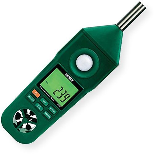 Extech EN300 Hygro-Thermo-Anemometer-Light-Sound Meter; Large dual LCD simultaneous display of Temperature and Air Velocity or Relative Humidity; Built-in low friction vane wheel improves accuracy of air velocity, precision thin-film capacitance humidity sensor for fast response, and thermistor for ambient temperature measurements; UPC 793950440308 (EXTECHEN300 EXTECH EN300 HYGRO THERMO ANEMOMETER LIGHT SOUND)