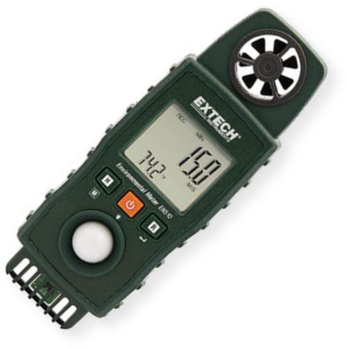 Extech EN510 Environmental 10 in 1 Meter; Measures Air Velocity, Air Flow, Temperature Air Type K, Humidity, Wet Bulb, Dew Point, Heat Index, Wind Chill, and Light; Replaceable low friction ball bearing mini vane wheel to retain high accuracy; Backlit display to view in dimly lit areas; Data Hold and Min Max functions; Measure light levels in Foot Candle Fc or Lux units using a precision photo diode with cosine and color correction filter; UPC 793950440513 (EXTECHEC600 EXTECH EC600 KIT)