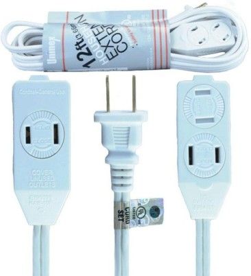 ENS AC12UL 12-Foot (3.66m) Indoor Extension Cord, White; Ideal for Small Appliances, Office Equipment and Lamps Operating at Less Than 13 Amps; 3 Outlets with Rotating Safety Covers to Help Prevent Accidental Shocks; Polarized Plug is Not Intended to be Mated with Non-polarized Outlets (ENSAC12UL AC-12UL AC12-UL AC 12UL)