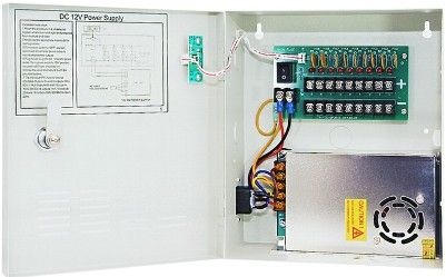 ENS CP1209-5A-UL 9-Channel Power Supply Box, PTC Fuse, 5 Amps Power Box, 1.1 Amp Fuse Rating, 110V AC Input, Power On/Off Switch, LED Indicator for Each Channel, Surge Protected, Regulated and Filtered, 12V AC, Dimensions 9 3/4
