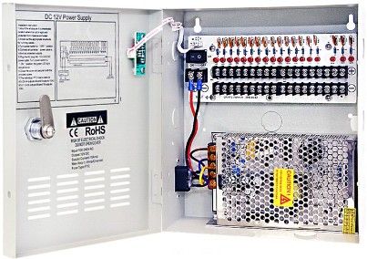 ENS CP1218-10A-UL 18-Channel Power Supply Box, PTC Fuse, 10 Amps Power Box, 1.1 Amp Fuse Rating, 110V AC Input, Power On/Off Switch, LED Indicator for Each Channel, Surge Protected, Regulated and Filtered, 12V AC, Dimensions 9 3/4