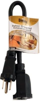 ENS EC1601BK Indoor 1ft. (0.30m) Grounded Extension Cord, Grounded Plug and Outlet, 3Wire/16 Gauge SJTW, 125 Volts, Requires 13 Amps or Less, 1625 Watt Max, UL Listed (ENSEC1601BK EC-1601BK EC1601-BK EC 1601BK EC1601 BK)