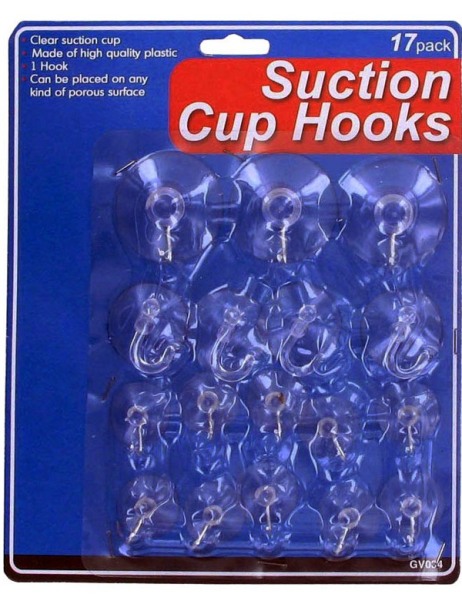 EOSK GV034 17 pc. asst. suction cup hooks, 0.147 lbs. UPC 731015000000. Price per Case of 24, Category: housewares. (EOSGV034)