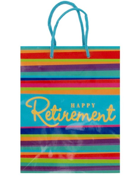 EOSK KI498 happy retirement stripes gift bag, 0.132 lbs. UPC 73525670157. Price per Case of 12, Category: party. (EOSKI498)