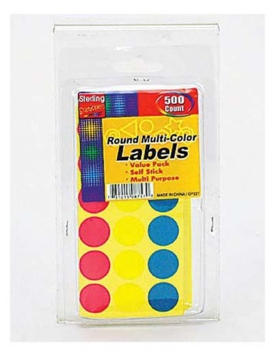 EOSK OP227 500 round multi color self stick labels, 0.128 lbs. UPC 731015000000. Price per Case of 24, Category: stationery. (EOSOP227)