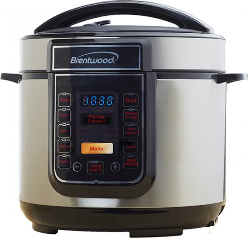 Brentwood Appliances EPC-526 5 Qt. Electric Pressure Cooker; Cooks meals up to 70% faster than conventional methods; Safety-Lock Lid and Auto Relief Valve allows for safe, worry free cooking; 24 hour Delay preset function; Removable inner pot for easy cleaning; Includes measuring cup and spatula; Multifunctional Cooking: Pressure, Rice and Slow Cooking settings; Power: 900 Watts; Approval Code: cETL; Item Weight: 12.75lbs; Item Dimension (LxWxH): 12x13.5x12.5 (EPC526 EPC-526 EPC-526)