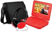 Ematic EPD707RD Portable DVD Player with Matching Headphones and Bag, Red, 7" LCD display, 480 x 234 resolution, Frequency response 20Hz to 20KHz, Supports PAL or NTSC, 180 Degree screen tilts and swivels to provide an optimum-viewing angle, Multi-language on screen display, Built-in stereo speakers, Built-in rechargeable battery, UPC 817707013253 (EPD-707RD EPD 707RD EPD-707-RD EPD707) 