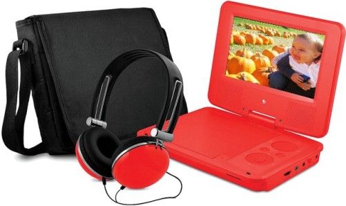 Ematic EPD707RD Portable DVD Player with Matching Headphones and Bag, Red, 7
