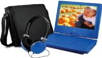 Ematic EPD909BL Portable DVD Player with Matching Headphones and Bag, Blue, 9" LCD display Tilts and Swivels up to 180° for improved viewing while in use, 640x234 Resolution, Frequency response 20Hz to 20KHz, Video output 1Vp-p/75 Ohm, Audio S/N more than 80dB, Audio output 1.4Vrma/10kOhm, Built-in stereo speakers, Supports PAL or NTSC, UPC 817707013260 (EP-D909BL EPD-909BL EPD909-BL EPD909) 