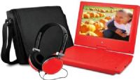 Ematic EPD909RD Portable DVD Player with Matching Headphones and Bag, Red, 9" LCD display Tilts and Swivels up to 180° for improved viewing while in use, 640x234 Resolution, Frequency response 20Hz to 20KHz, Video output 1Vp-p/75 Ohm, Audio S/N more than 80dB, Audio output 1.4Vrma/10kOhm, Built-in stereo speakers, Supports PAL or NTSC, UPC 817707013291 (EP-D909RD EPD-909RD EPD909-RD EPD909) 