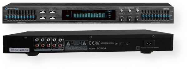 Technical Pro EQ5400 Pro Dual 10-Channel Equalizer, Black; Bass and Treble Controls; Direct EQ Function; Digital Display; 110/220v; RCA Inputs; 30Hz to 16kHz Frequency Response; 2 Removable Rack Mounting Brackets; 3 Audio Sources; High/Low Presets; 12dB Adjustment Range; Dimensions (LxWxH): 17.13