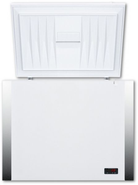 Summit EQFF72 Freestanding Chest Freezer with 7.7 cu. ft. Capacity, White Door, Frost Free Defrost, Approved For Medical Use, Factory Installed Lock, CFC Free In White; Unit comes with a factory installed probe hole for users to connect their own monitoring equipment; External 