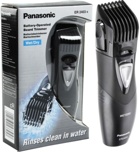Panasonic ER2403K Wet/Dry Hair and Beard Trimmer, Operating Time Up to 50 minutes, Battery-Operated, Quick-Set 5 Position Guide, High-Performance Blades, Wet/Dry Cordless Operation, All-in-One Hair, Beard & Body trimmer, Ergonomic Grip, Washable (for easy cleaning), Hair Length Adjustments, Ergonomic Curved Design, UPC 037988562268 (ER-2403K ER 2403K ER2403)